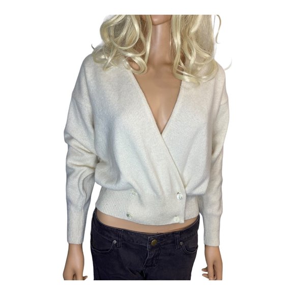 Vintage Jaeger Wrap Cardigan Cropped Jumper Lambswool Angora Ivory Sexy S/M 90's - Picture 2 of 16